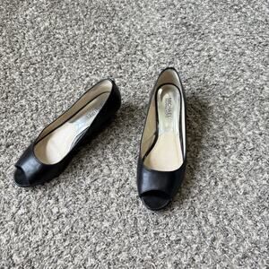 Michael KORS Women’s Peep Toe Low Wedge Size Pumps Heels 8.5 M Black Leather